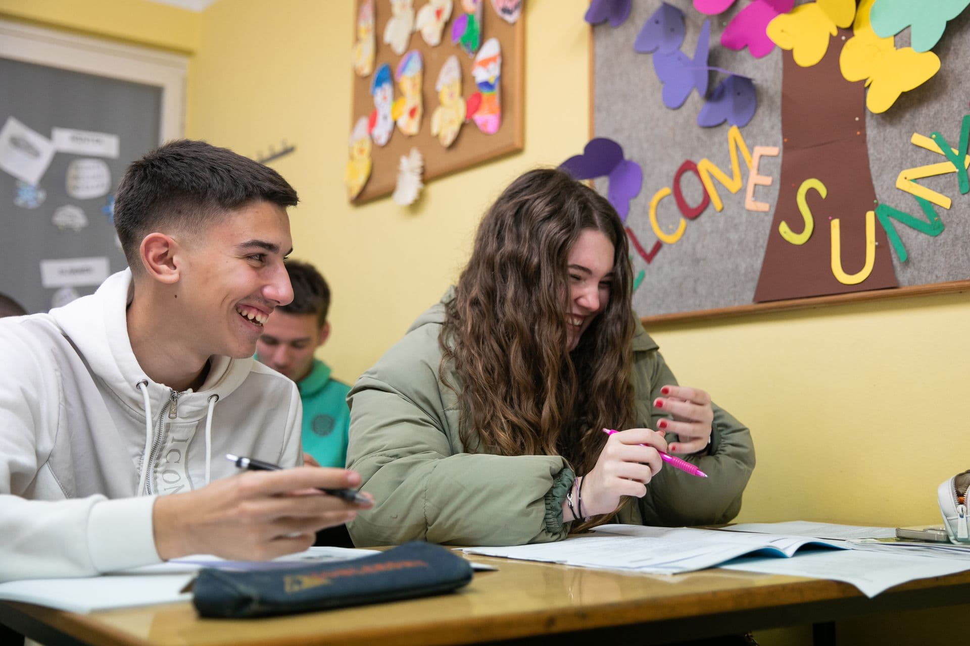 Secondary school students at their desks during an English lesson